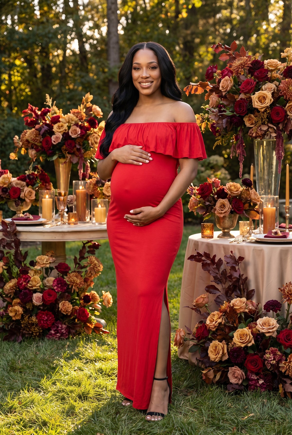 24seven Comfort Essential Maternity Off Shoulder Ruffle Detail Side Slit Maxi Dress