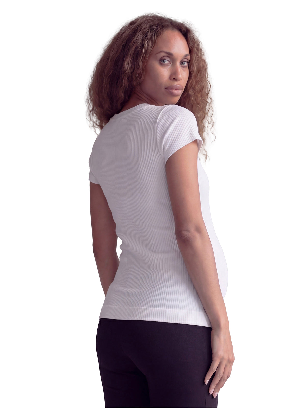24seven Comfort Basic Maternity Ribbed Knit Round Neck Short Sleeve Top