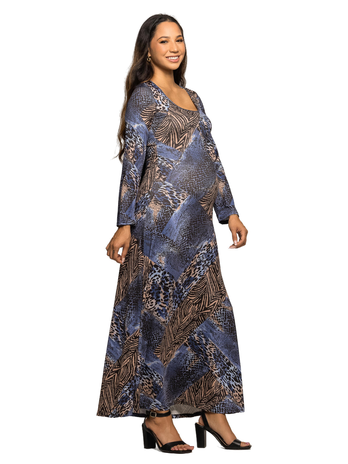 24seven Comfort Essential Maternity Blue Animal Print Long Sleeve Scoop Neck Maxi Dress