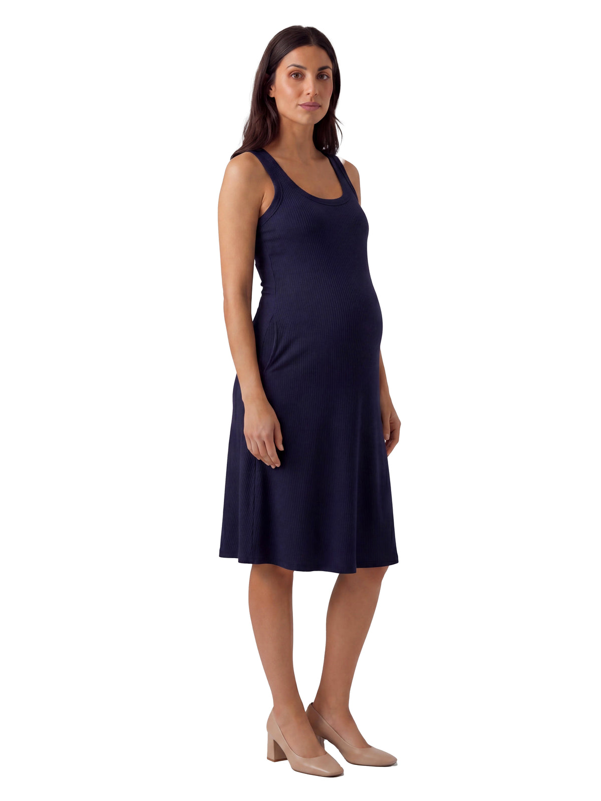 24seven Comfort Essential Maternity Ribbed Knit Sleeveless Scoop Neck Pocket A Line Midi Dress