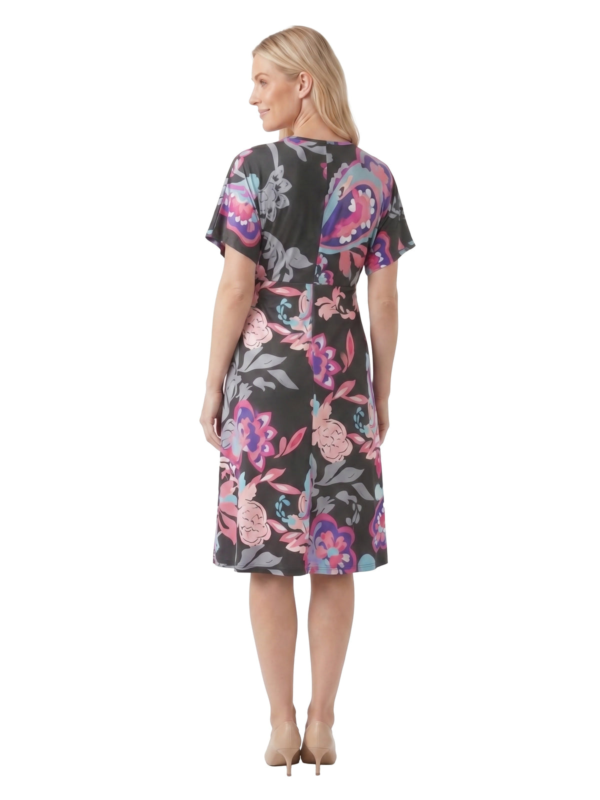 24seven Comfort Essential Maternity Paisley V Neck Short Dolman Sleeve Twist Front A Line Midi Dress