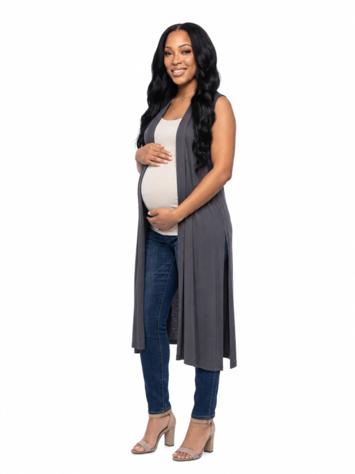 24seven Comfort Basic Maternity Sleeveless Open Front Side Slit Extra Long Jacket