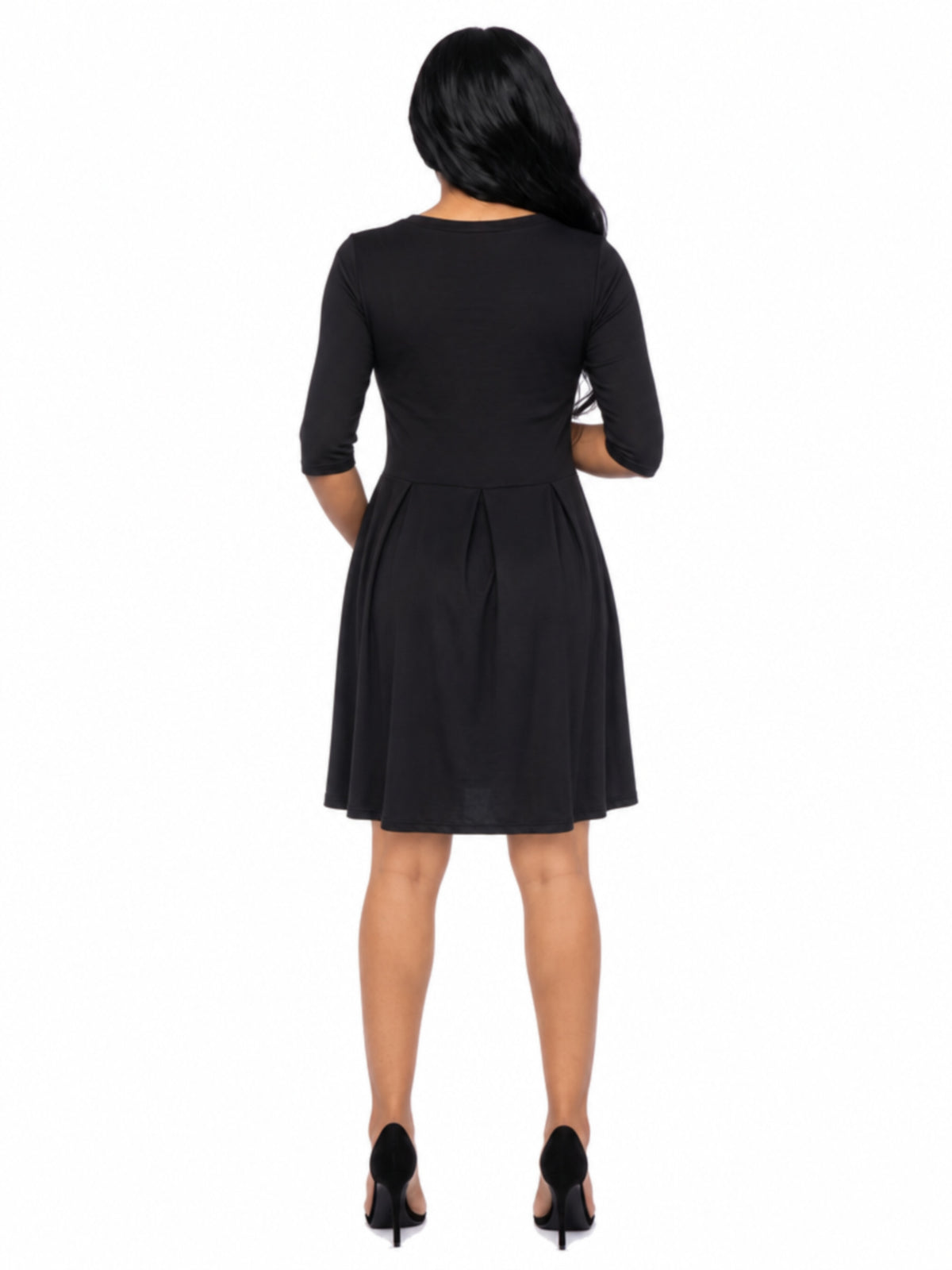 24seven Comfort Essential Maternity Scoop Neck Three Quarter Sleeve Pleated Fit N Flare Pocket Mini Dress