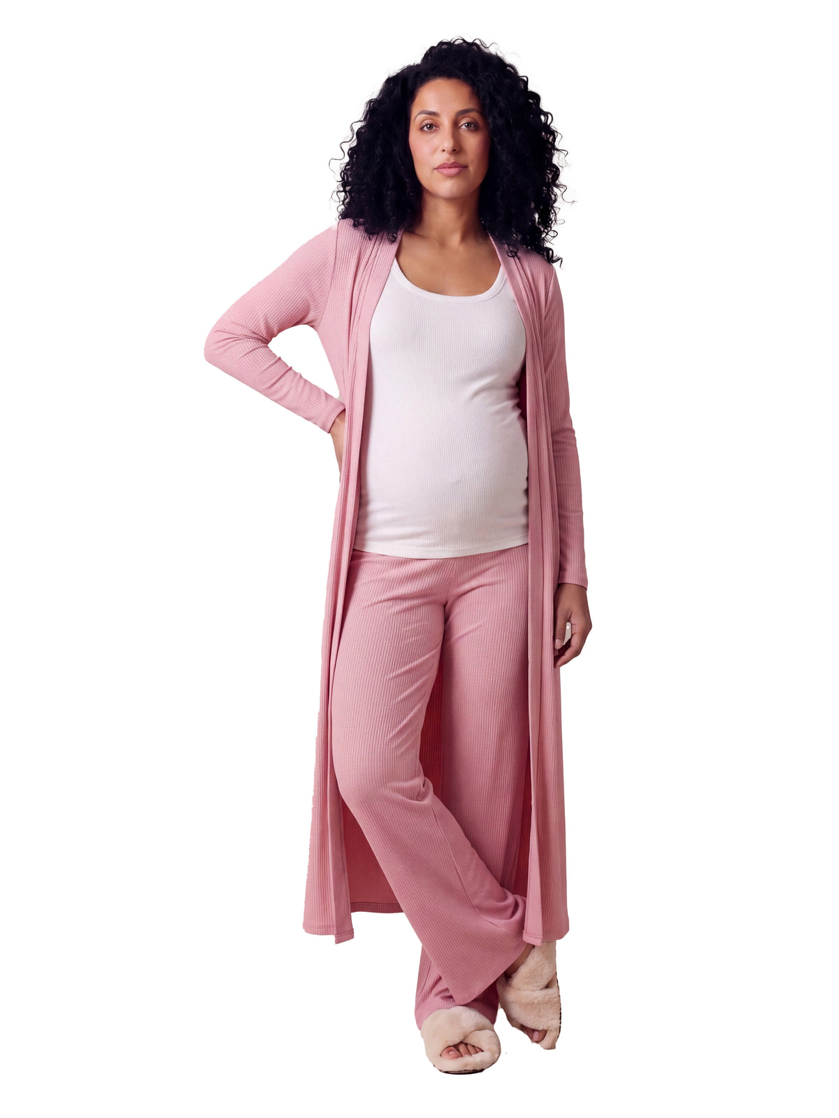 24seven Comfort Basic Maternity Long Sleeve Tie Waist Soft Jacket and Elastic Waist Wide Leg Pant Set