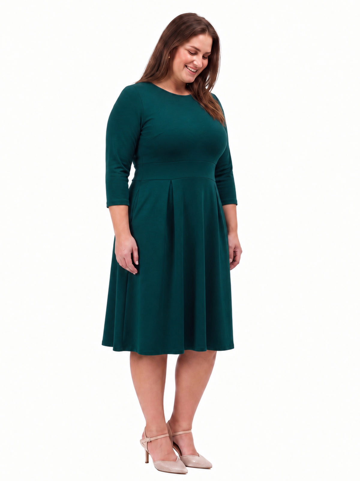 24seven Comfort Essential Curvy Elegant Pleated Three-Quarter Sleeve Midi Dress