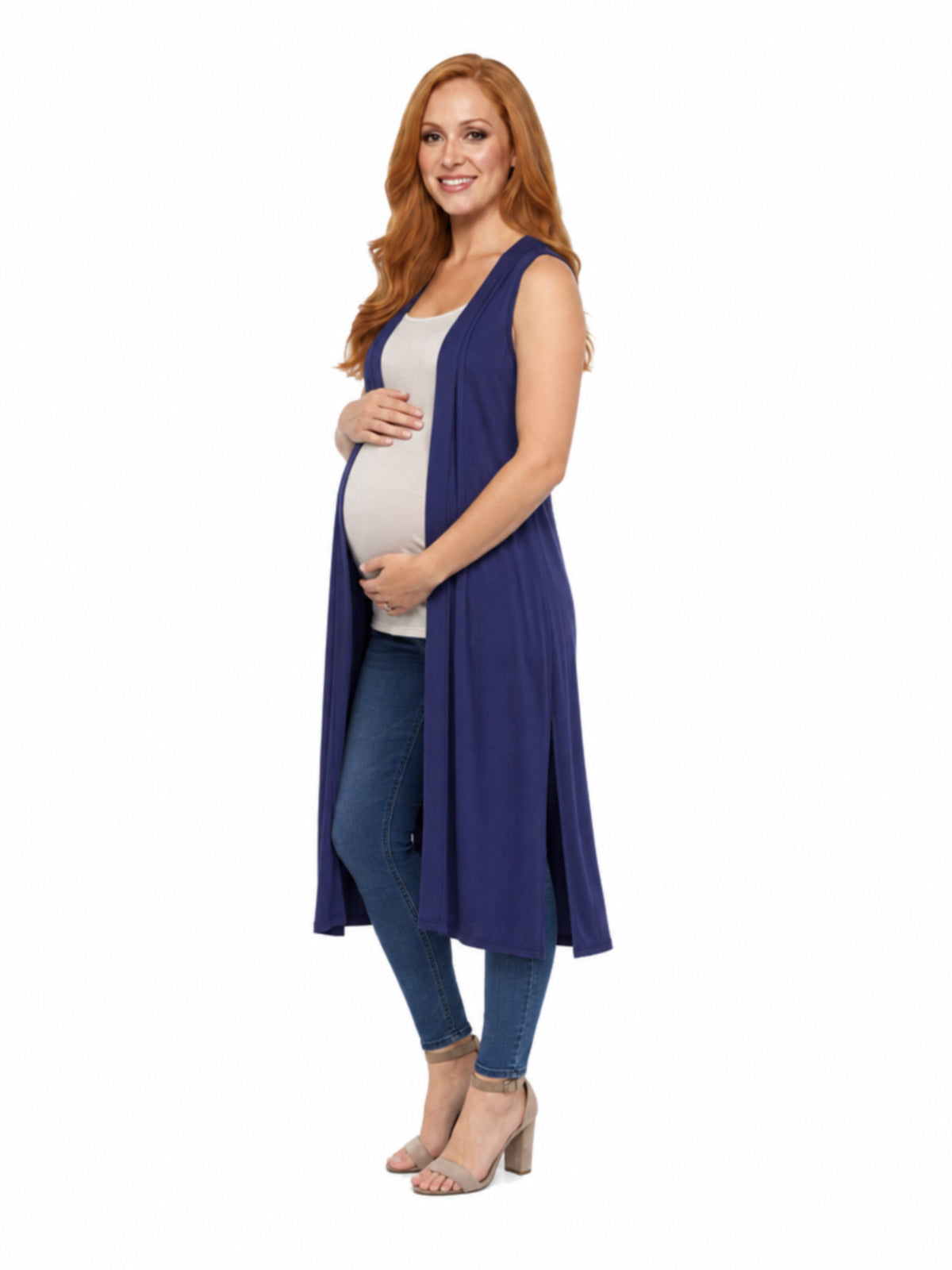 24seven Comfort Basic Maternity Sleeveless Open Front Side Slit Extra Long Jacket