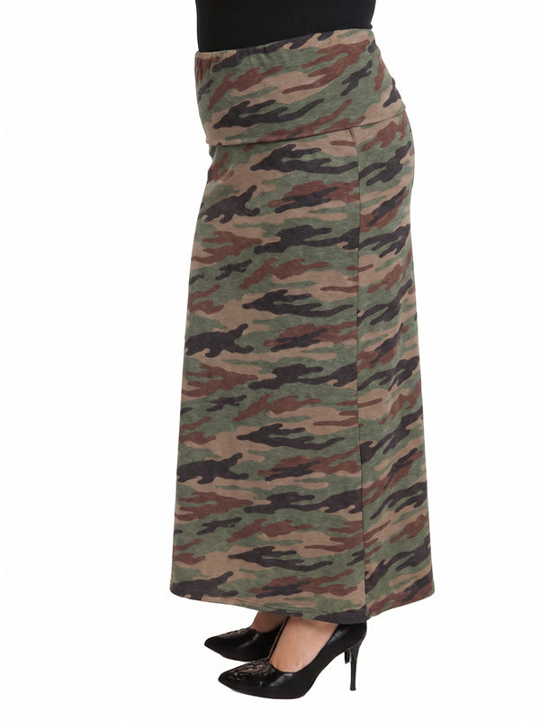24seven Comfort Essential Curvy Soft Stretch Camouflage Elastic Waist Maxi Skirt