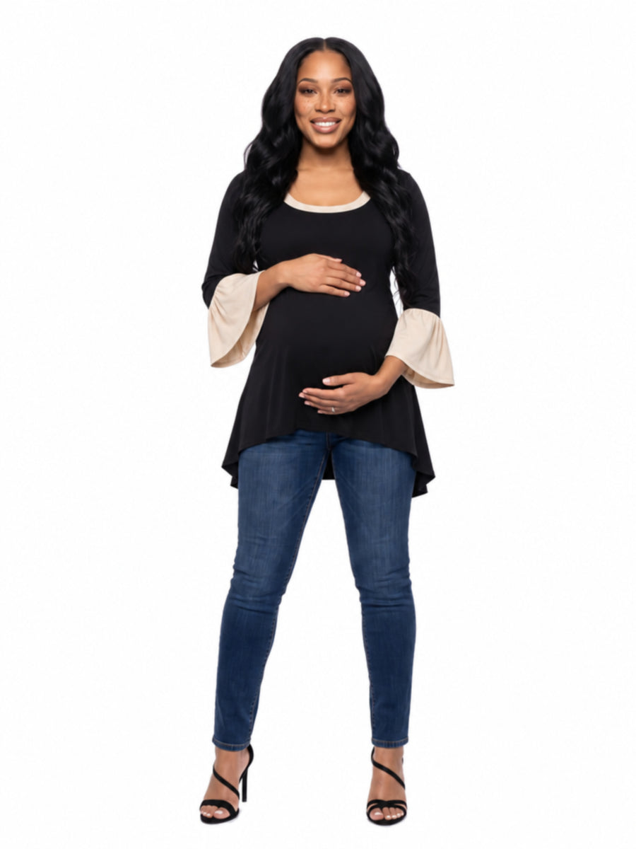 24seven Comfort Essential Maternity Scoop Neck Bell Sleeve Hi Low Tunic Top