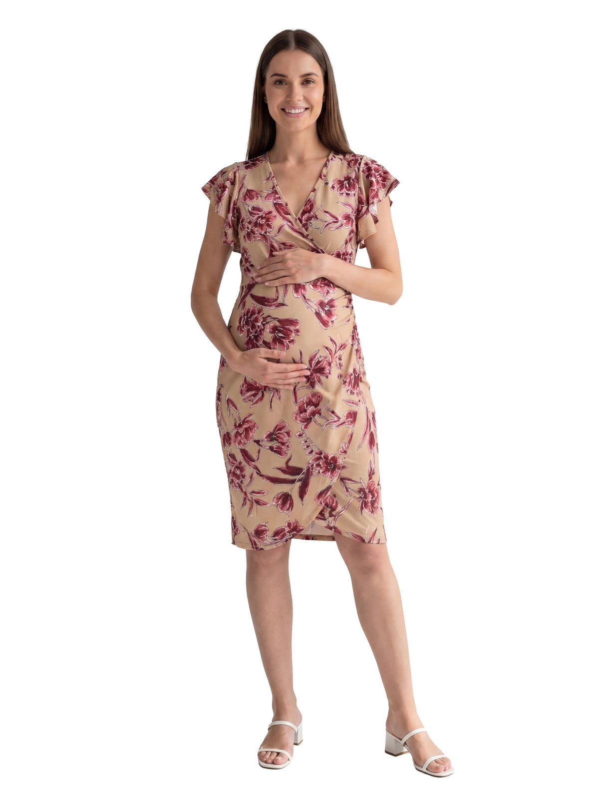 24seven Comfort Elevate Maternity Beige Floral Flutter Sleeve Faux Wrap Knee Length Dress
