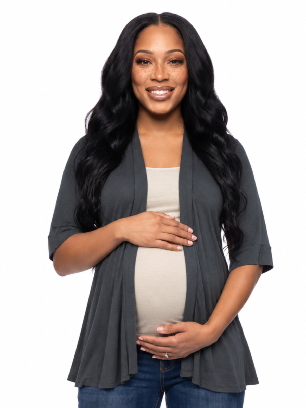 24seven Comfort Basic Maternity Open Front Elbow Sleeve Long Fit Jacket