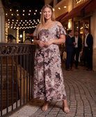 24seven Comfort Elevate Curvy V Neck Cold Sholder Ruffle Sleeve Wide A Line Floral Maxi Dress