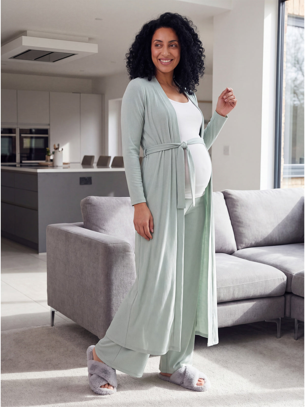 24seven Comfort Basic Maternity Long Sleeve Tie Waist Soft Jacket and Elastic Waist Wide Leg Pant Set