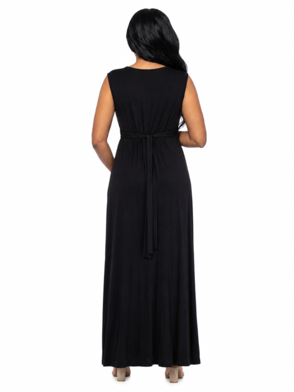 24seven Comfort Essential Maternity V Neck Sleeveless Empire Waist Belted Maxi Dress