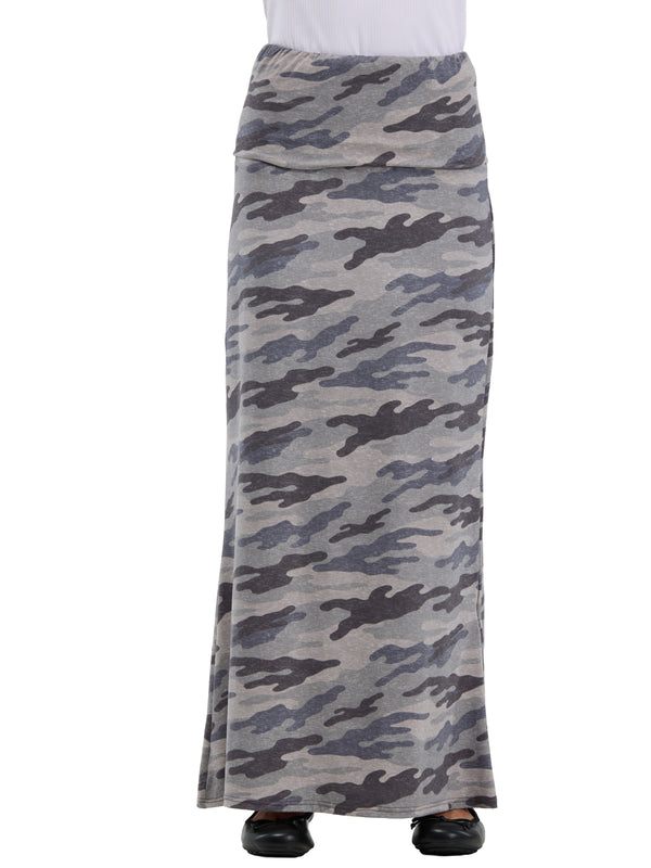 24seven Comfort Essential Womens Soft Stretch Camouflage Elastic Waist Maxi Skirt