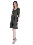 24seven Comfort Essential Maternity Scoop Neck Three Quarter Sleeve Pleated Fit N Flare Pocket Mini Dress