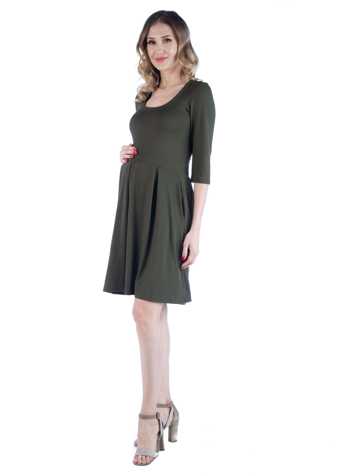 24seven Comfort Essential Maternity Scoop Neck Three Quarter Sleeve Pleated Fit N Flare Pocket Mini Dress