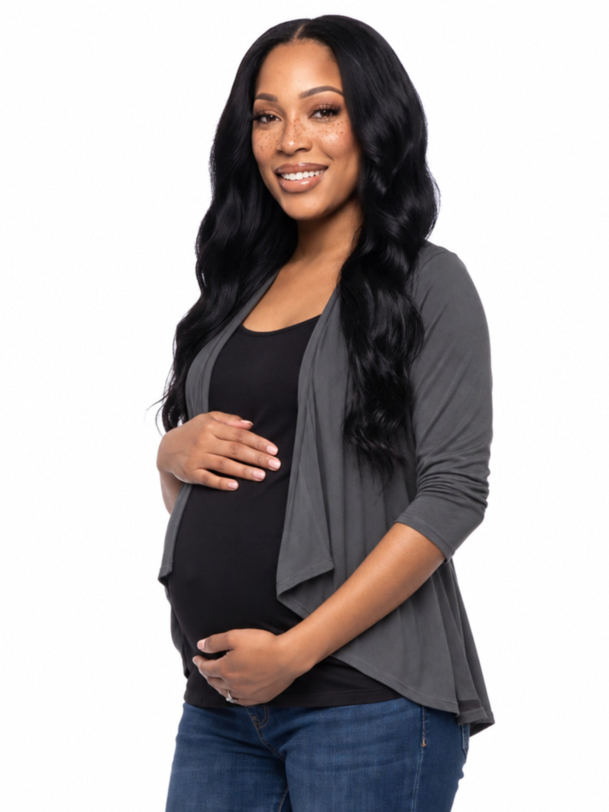 24seven Comfort Basic Maternity Elbow Sleeve Open Front Cascading Shape Jacket