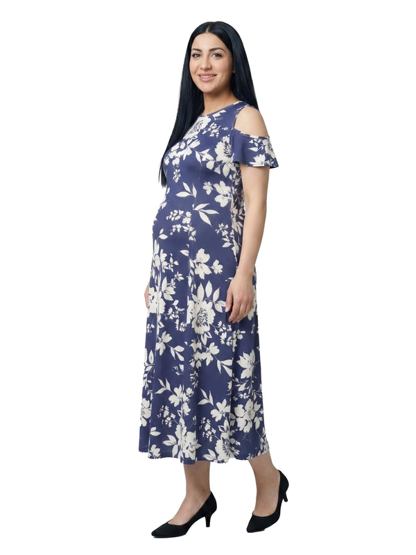 24seven Comfort Elevate Maternity Floral Ruffle Sleeve Cold Shoulder A Line Maxi Dress