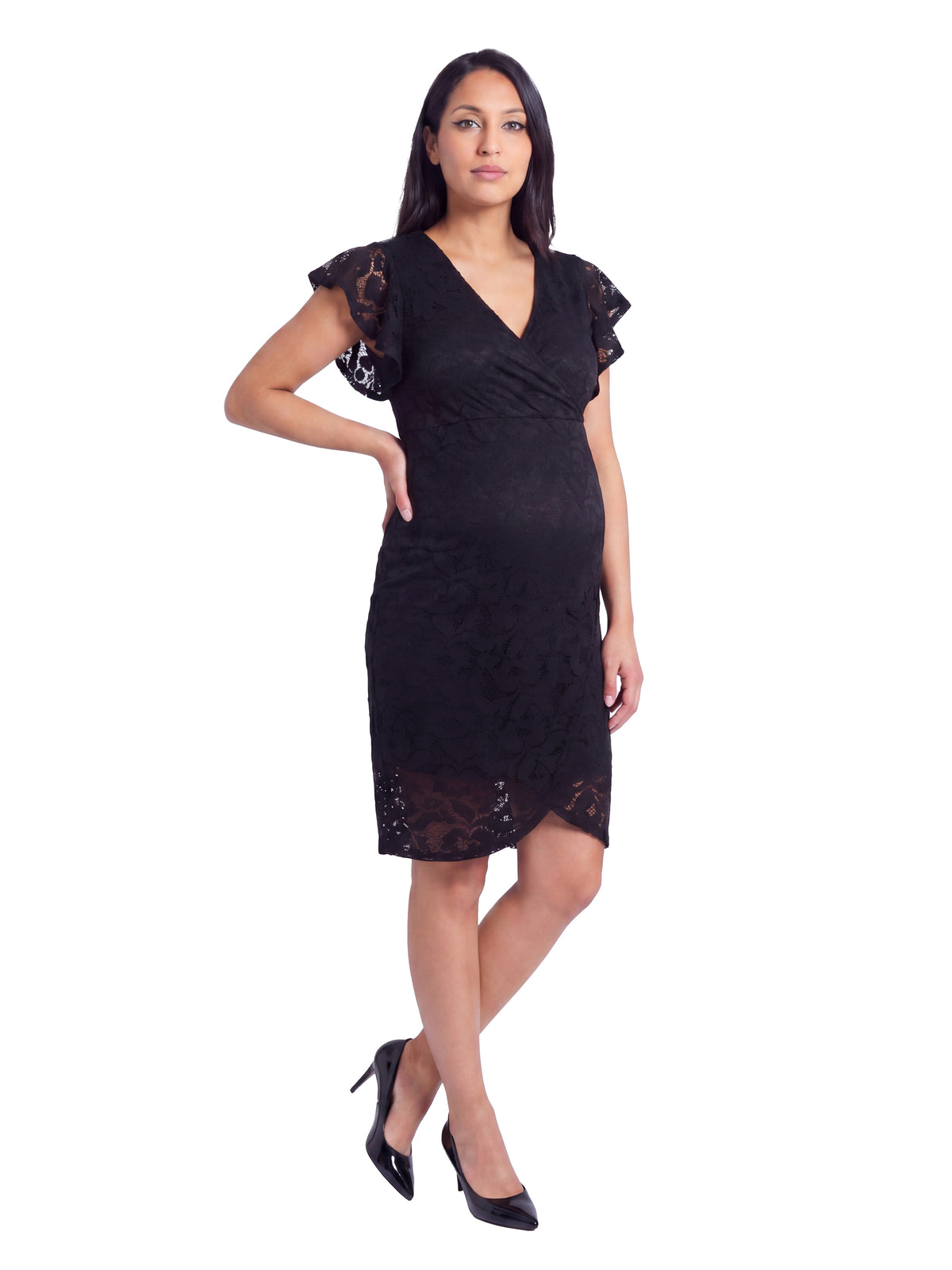 24seven Comfort Elevate Maternity Lace V Neck Flutter Sleeve Faux Wrap Midi Dress
