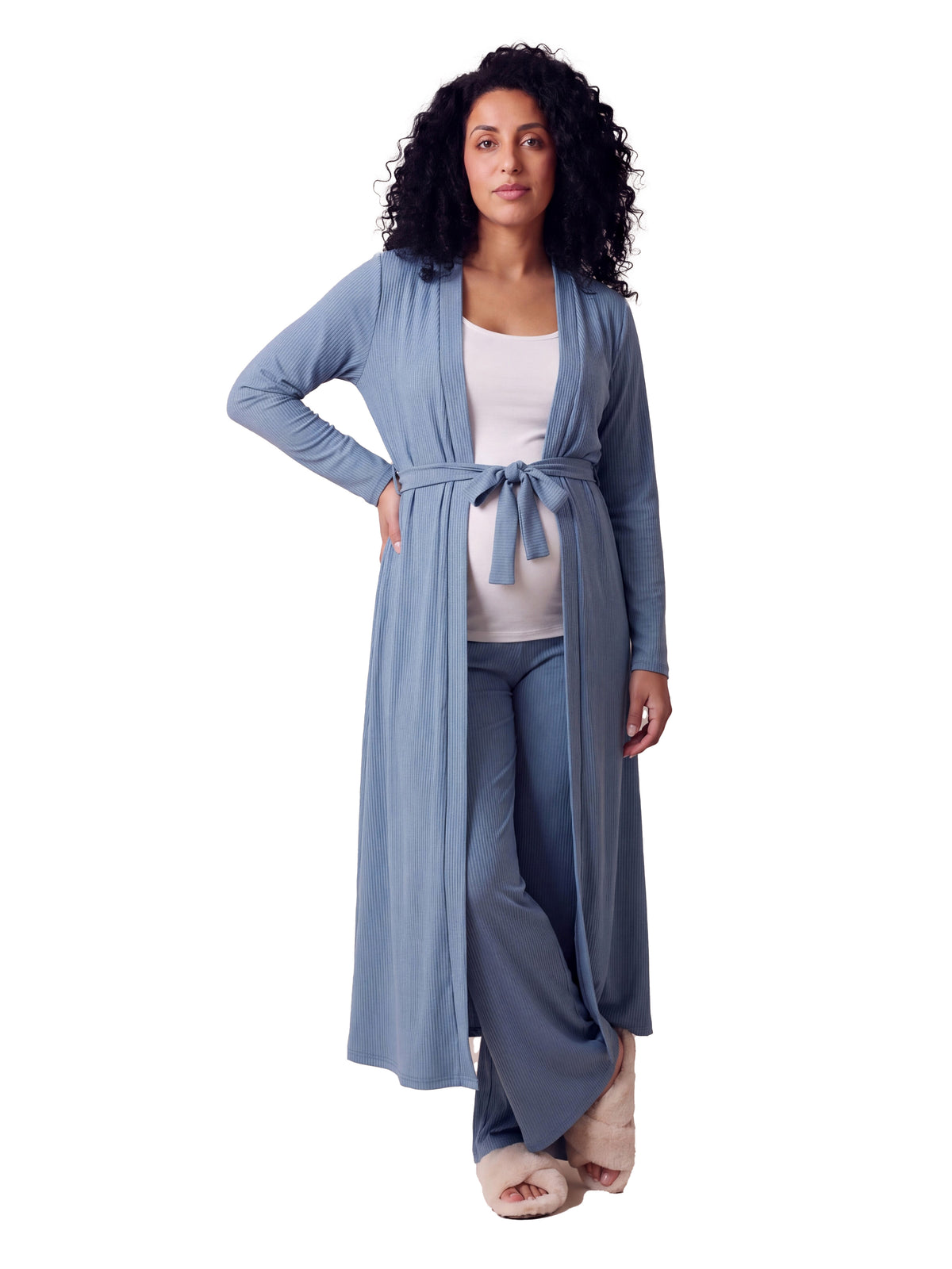 24seven Comfort Basic Maternity Long Sleeve Tie Waist Soft Jacket and Elastic Waist Wide Leg Pant Set