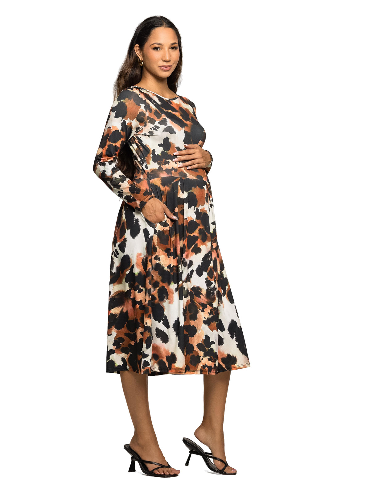 24seven Comfort Essential Maternity Animal Print Boat Neck Long Sleeve Midi Dress