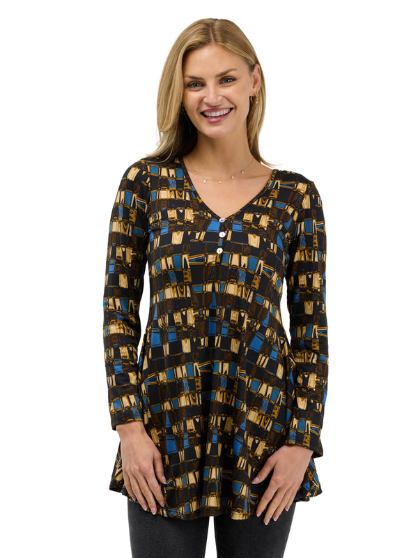 24seven Comfort Essential Womens Geometric Flared Long Sleeve Henley Tunic Top