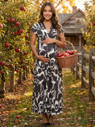 24seven Comfort Essential Maternity Abstract V Neck Empire Waist Cap Sleeve Maxi Dress