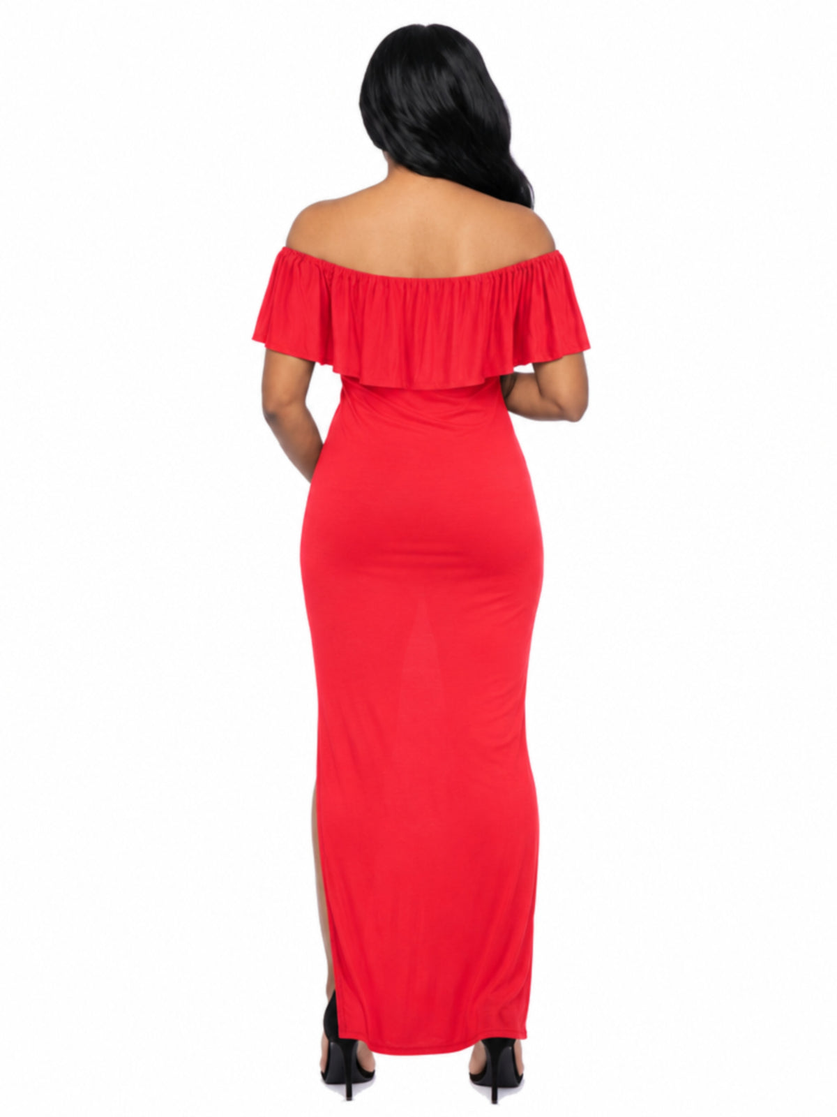 24seven Comfort Essential Maternity Off Shoulder Ruffle Detail Side Slit Maxi Dress