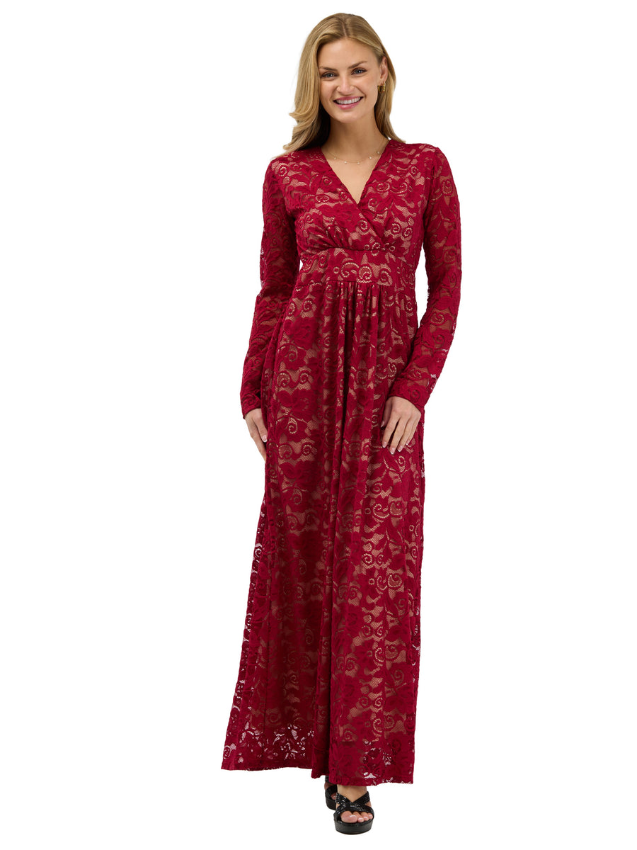 24seven Comfort Elevate Womens Elegant V Neck Long Sleeve Floral Lace Dress