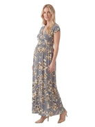 24seven Comfort Essential Maternity Floral V Neck Cap Sleeve Side Slit Pocket Maxi Dress