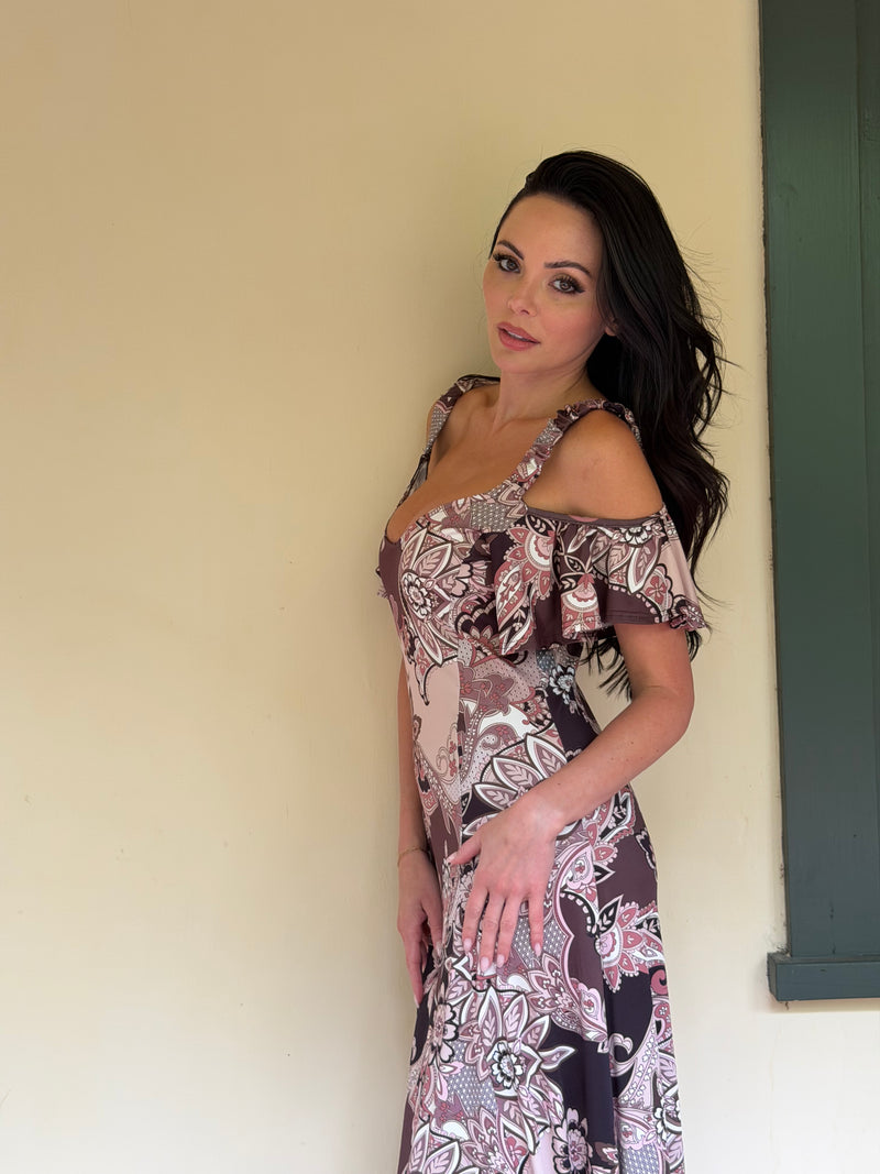 24seven Comfort Elevate Womens V Neck Cold Sholder Ruffle Sleeve Wide A Line Floral Maxi Dress