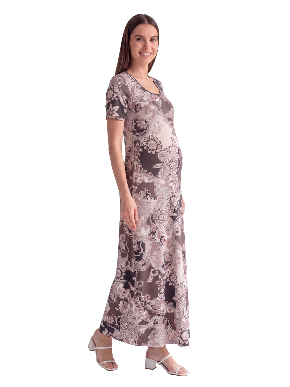 24seven Comfort Essential Maternity Brown Paisley Scoop Neck Elbow Sleeve A Line Maxi Dress