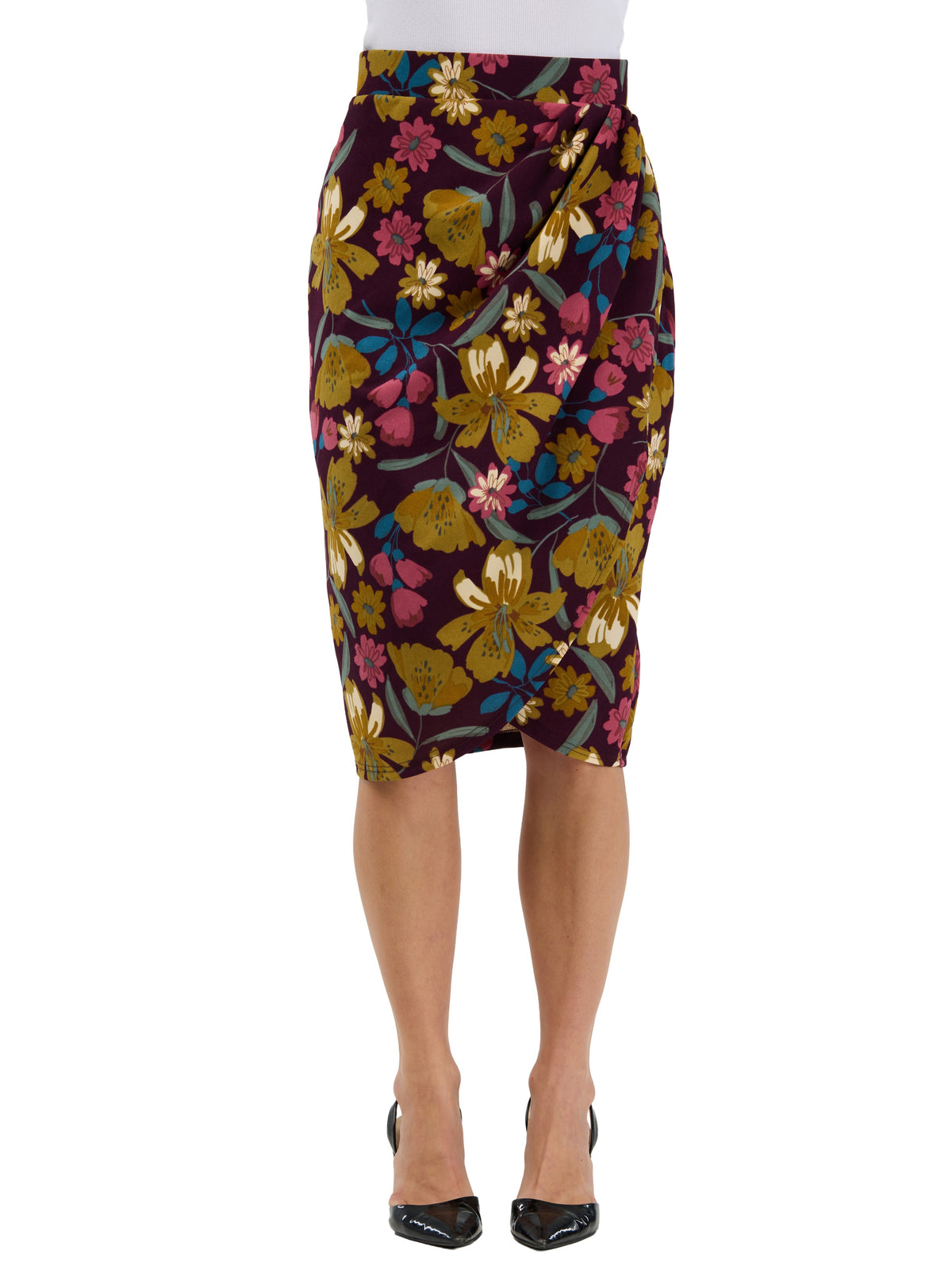 24seven Comfort Elevate Womens Floral Elastic High Waist Knee Length Tulip Pencil Skirt
