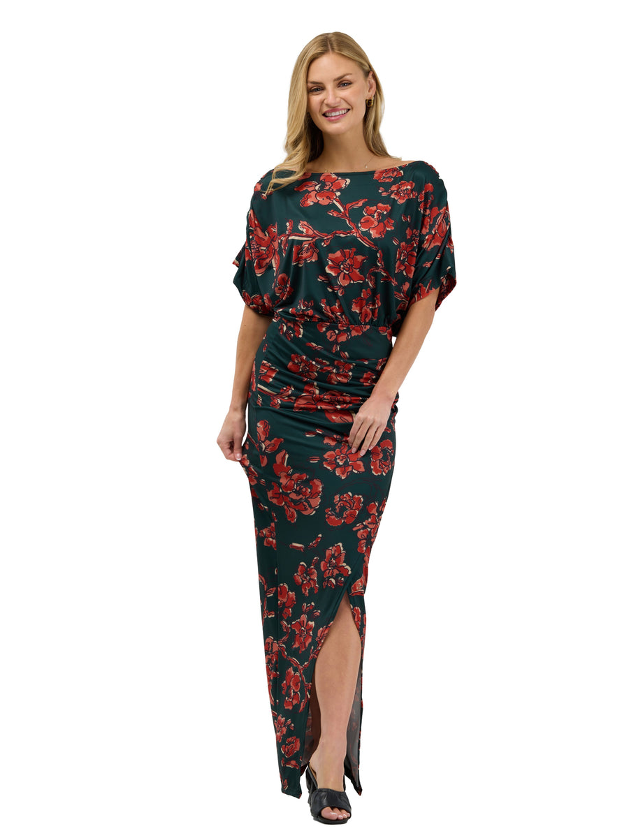 24seven Comfort Elevate Womens Floral Short Batwing Sleeve Boat Neck Ruched Waist Long Maxi Dress