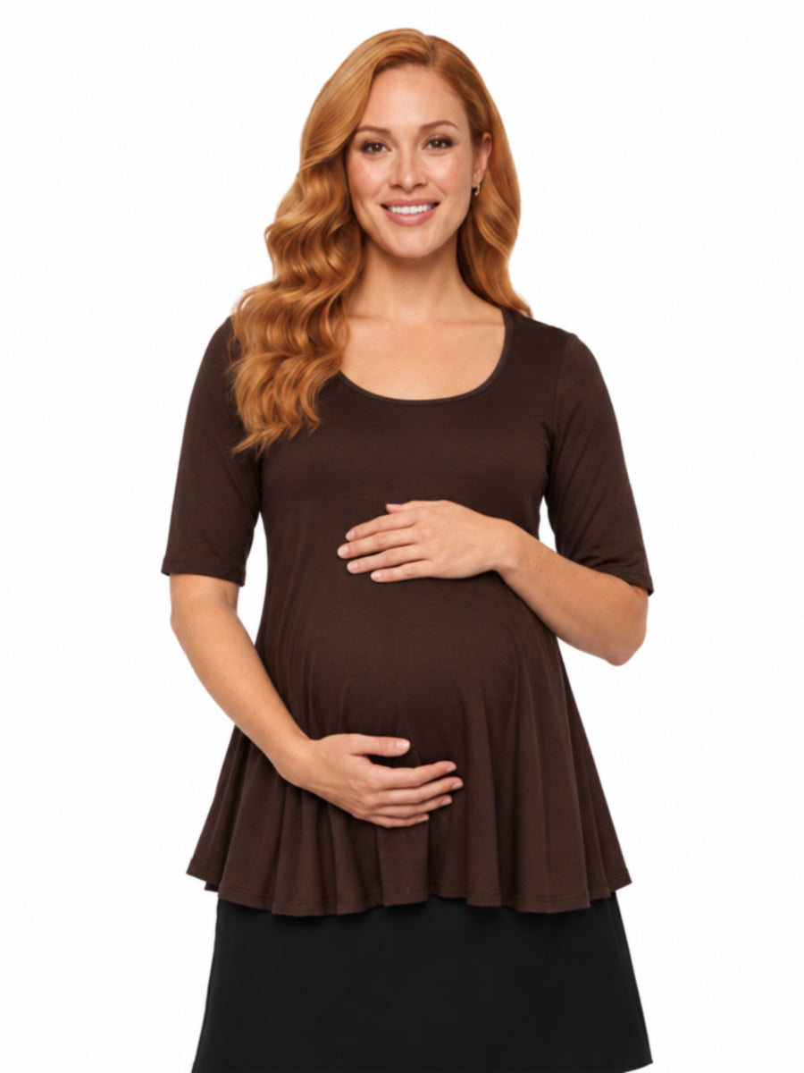 24seven Comfort Basic Maternity Scoop Neck Elbow Swing Flared Tunic Top