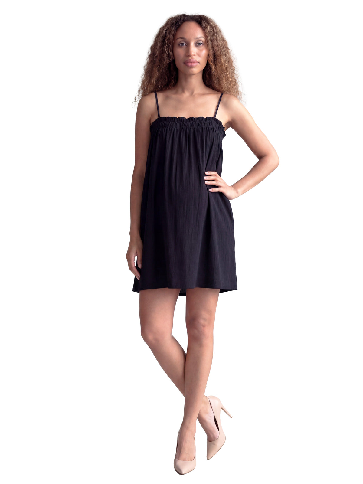 24seven Comfort Essential Maternity Square Neck Spaghetti Strap Smocked Pocket Mini Dress