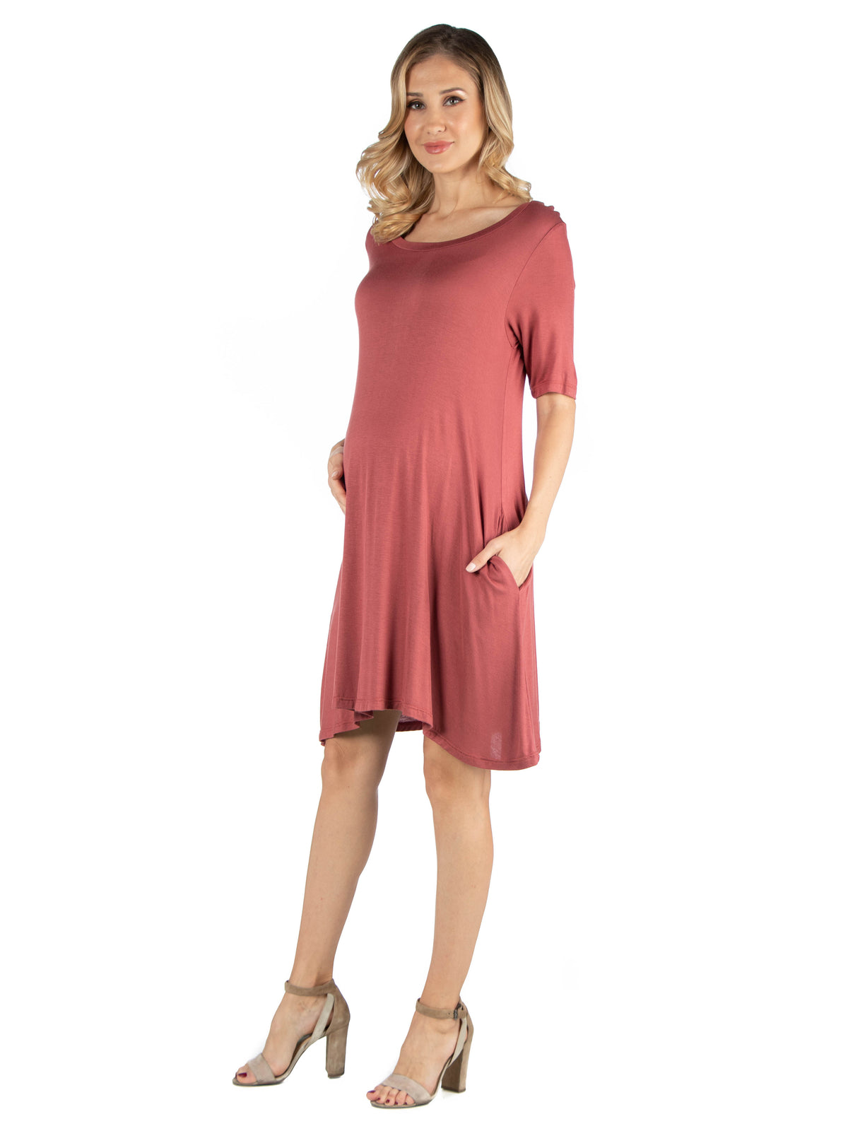24seven Comfort Essential Maternity Round Neck Elbow Sleeve Flared T Shirt Pocket Dress