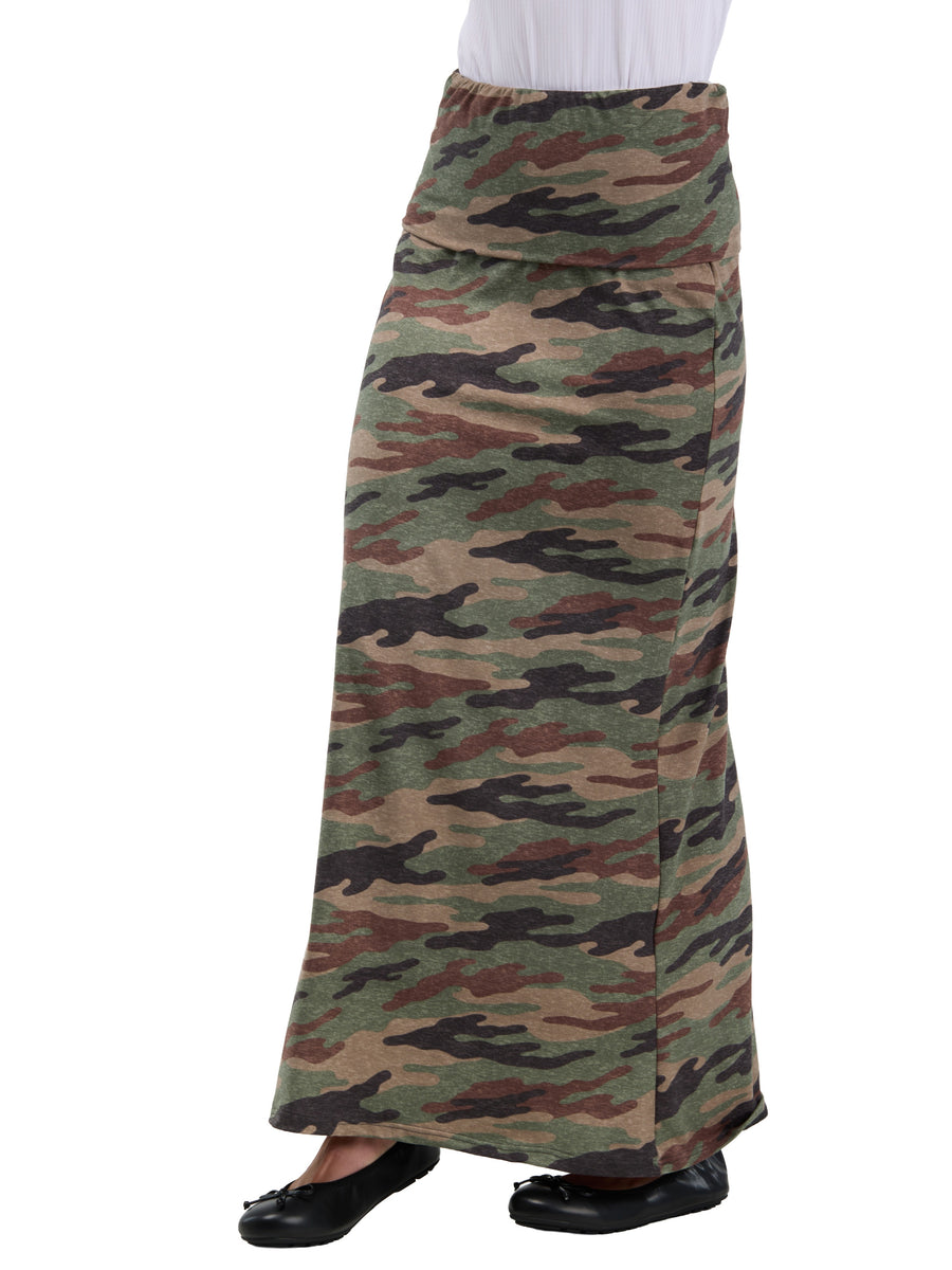 24seven Comfort Essential Womens Soft Stretch Camouflage Elastic Waist Maxi Skirt