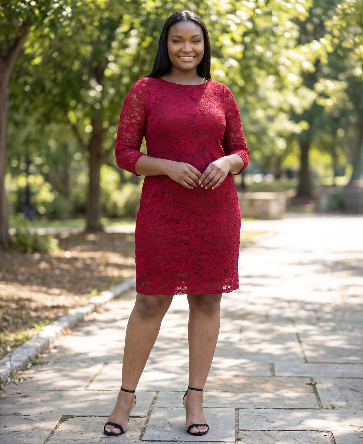 24seven Comfort Elevate Curvy Elegant Floral Lace Three-Quarter Sleeve Dress