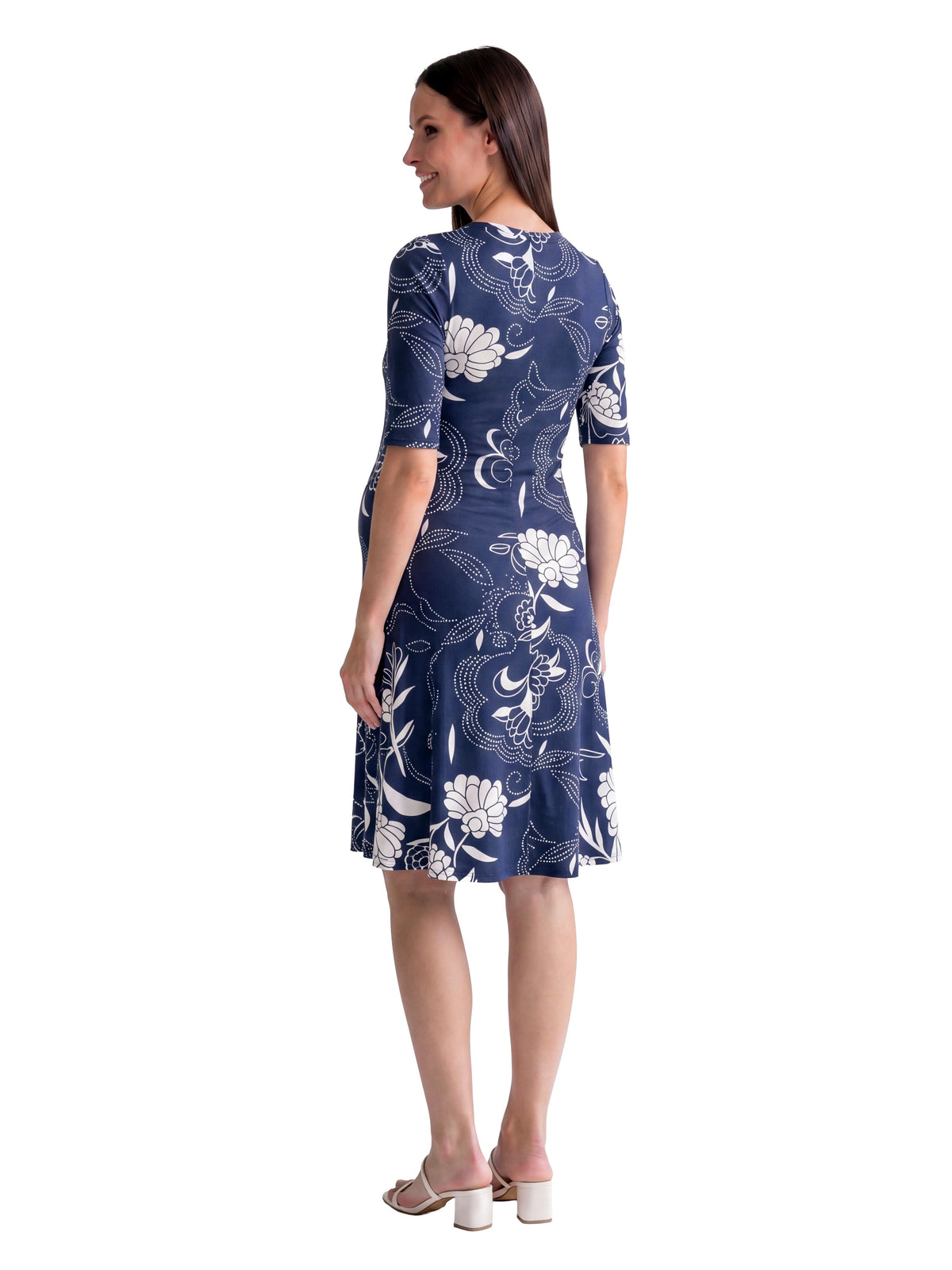 24seven Comfort Essential Maternity Floral Scoop Neck Elbow Sleeve Knee Length Skater Dress
