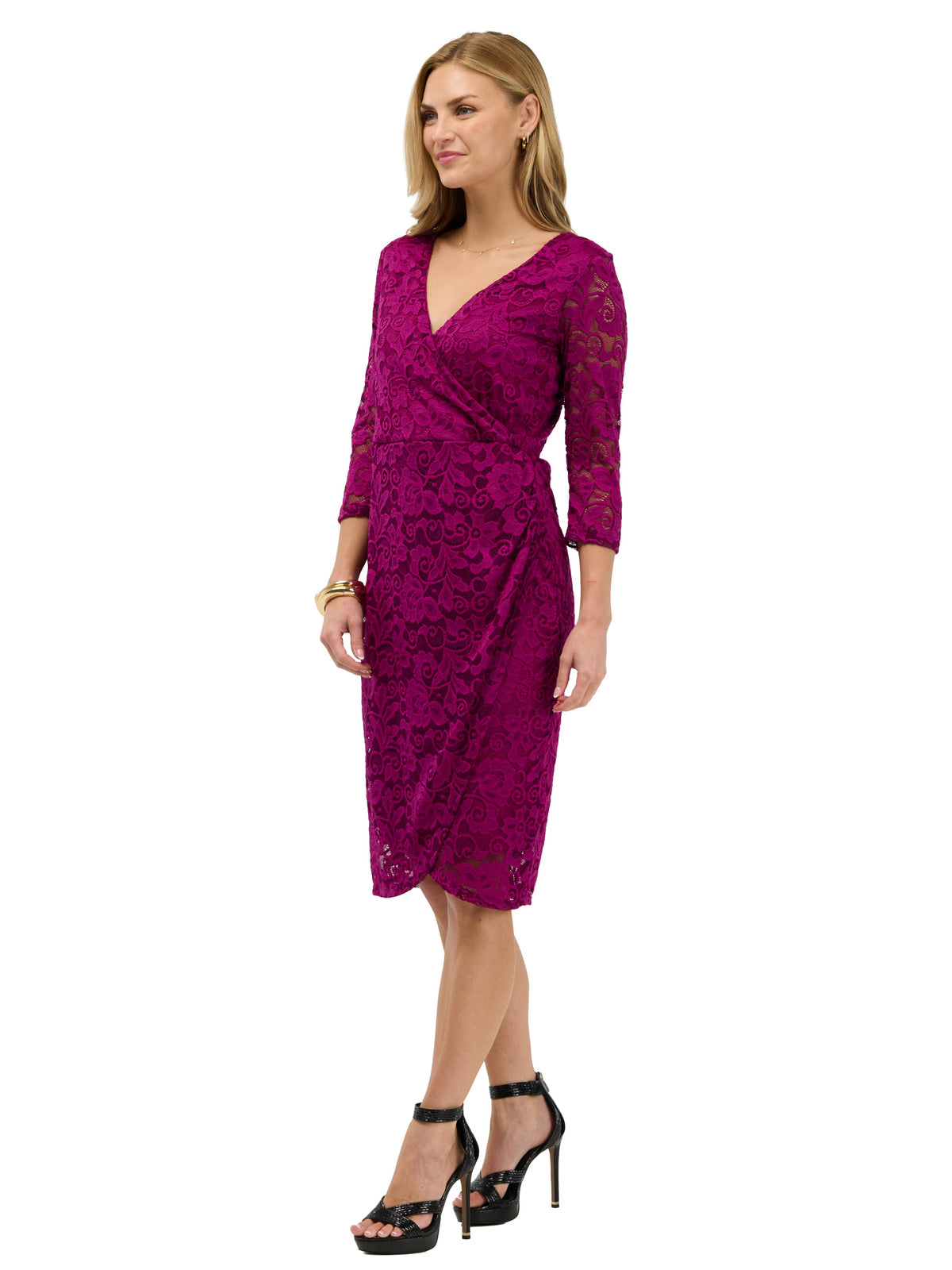 24seven Comfort Elevate Petite Lace Three-Quarter Sleeves Wrap Dress