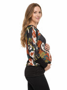 24seven Comfort Essential Maternity Black Paisley Print Boat Neck Dolman Sleeve Banded Top