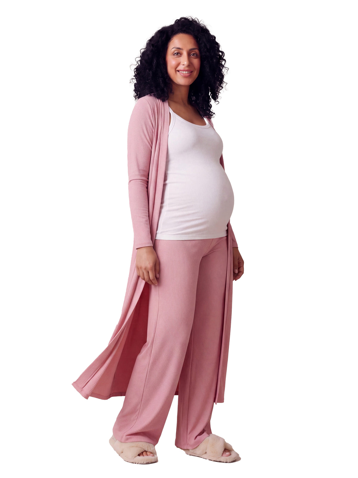 24seven Comfort Basic Maternity Long Sleeve Tie Waist Soft Jacket and Elastic Waist Wide Leg Pant Set