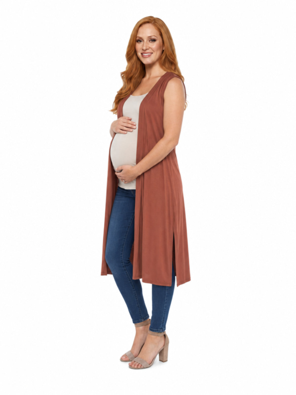 24seven Comfort Basic Maternity Sleeveless Open Front Side Slit Extra Long Jacket