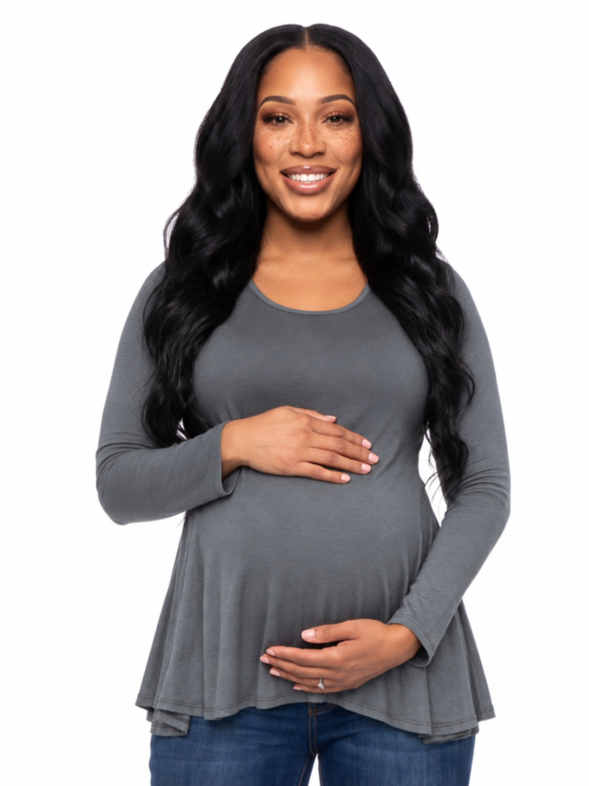 24seven Comfort Basic Maternity Long Sleeve Scoop Neck Swing Style Soft Flare Tunic Top