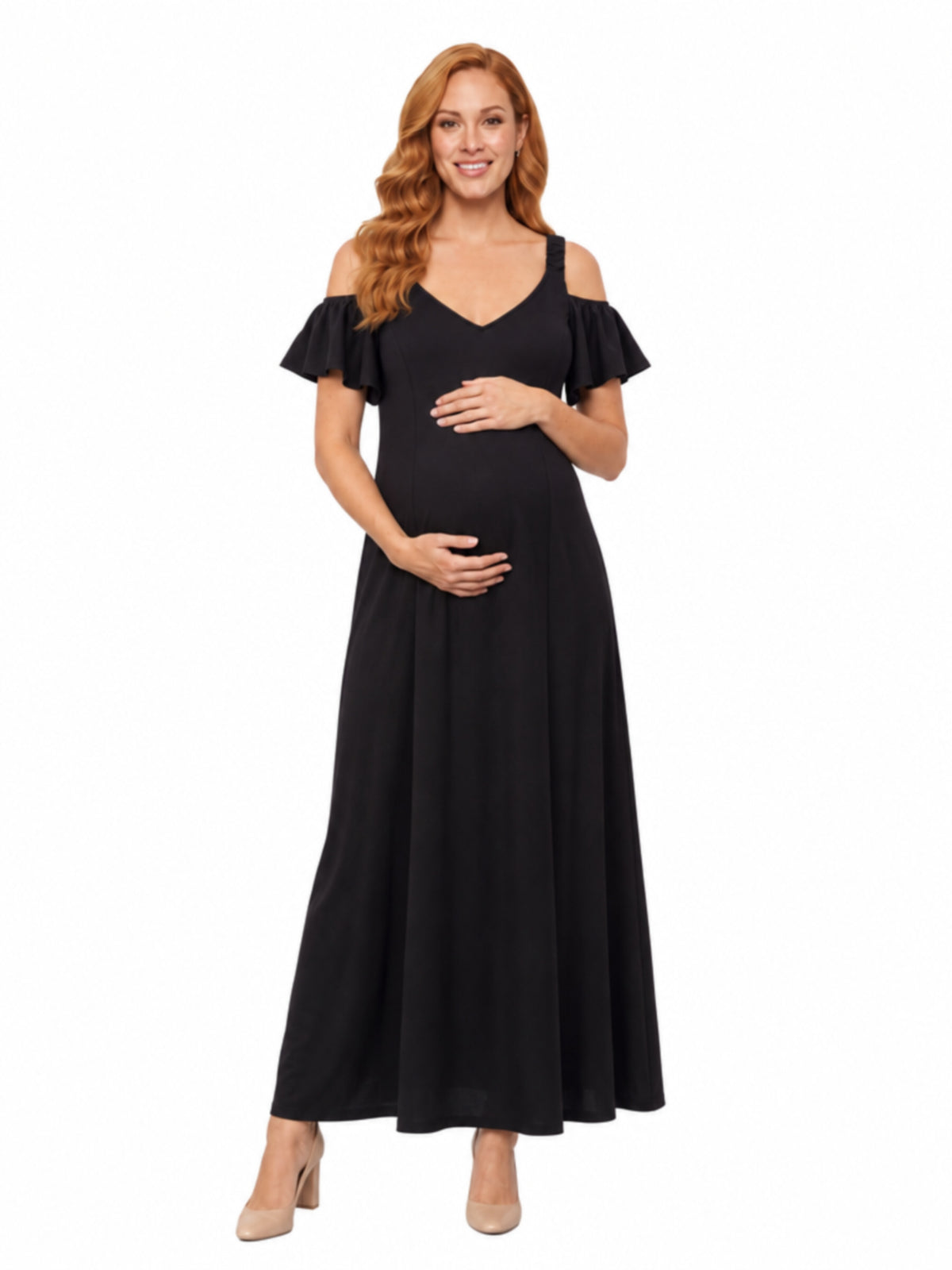 24seven Comfort Elevate Maternity Scoop Neck Cold Sholder Ruffle Sleeve A Line Maxi Dress
