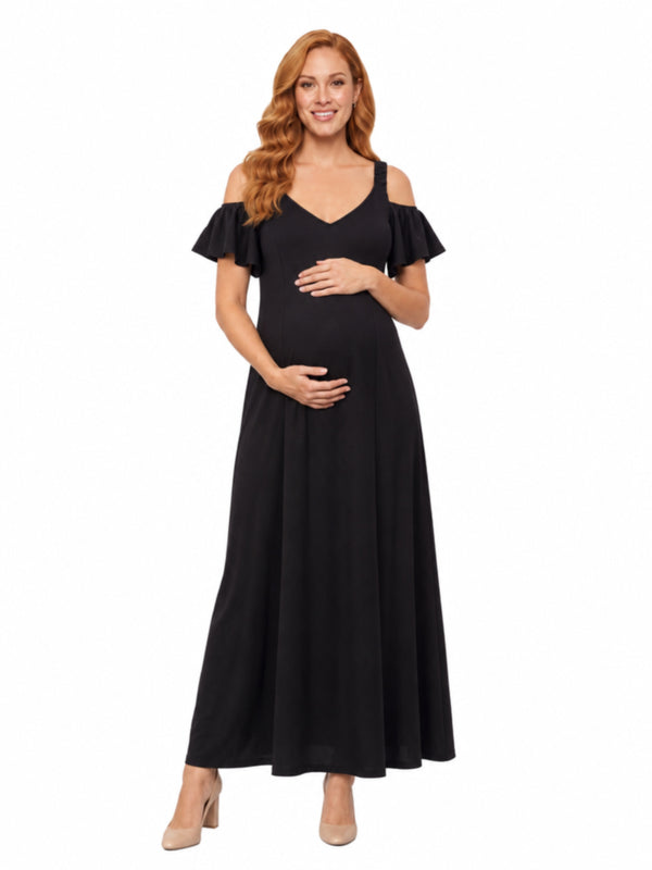 24seven Comfort Elevate Maternity Scoop Neck Cold Sholder Ruffle Sleeve A Line Maxi Dress