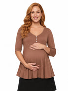 24seven Comfort Basic Maternity V Neck Elbow Sleeve Flared Henley Style Tunic Top