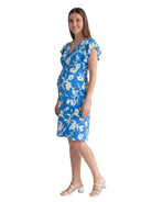 24seven Comfort Elevate Maternity Blue Floral Flutter Sleeve Faux Wrap Knee Length Dress