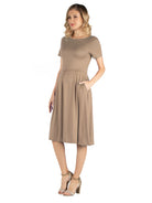 24seven Comfort Essential Maternity Boat Neck Short Sleeve Pleated Pocket Midi Dress